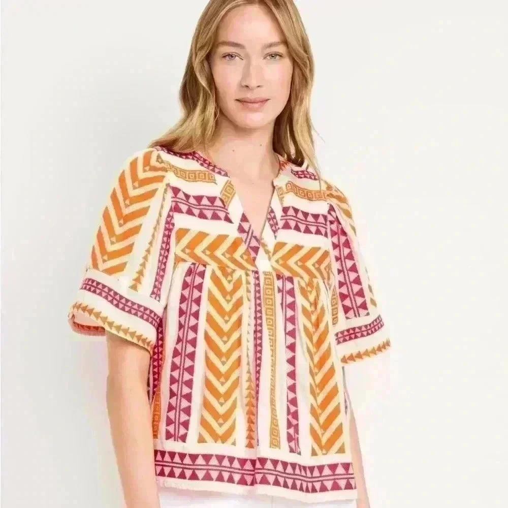 NWT Split-Neck Textured Top new Old Navy Embroidered pink orange women L